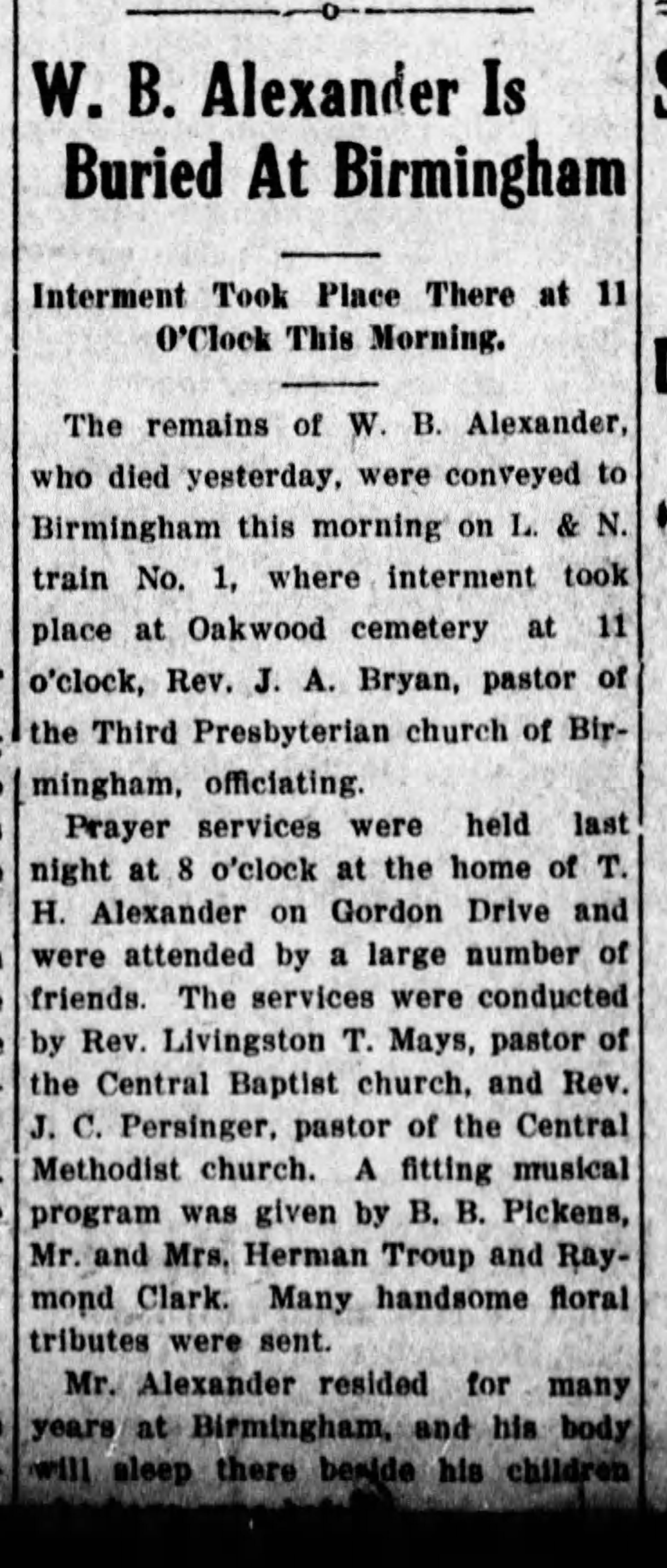 W.B. Alexander Is Buried In Birmingham